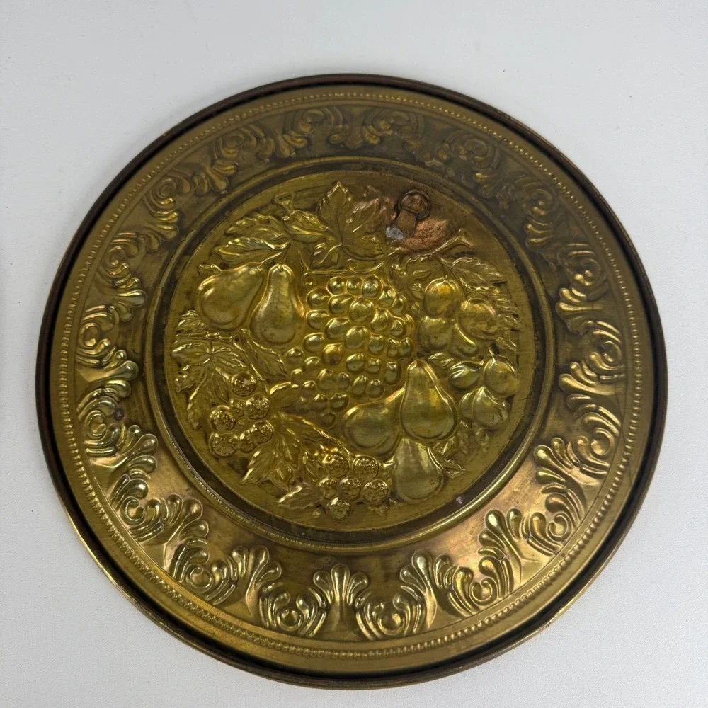 Vintage Brass Fruit Wall Hanging Plates Set of 2 Pineapple Grapes Pears 12 Inch